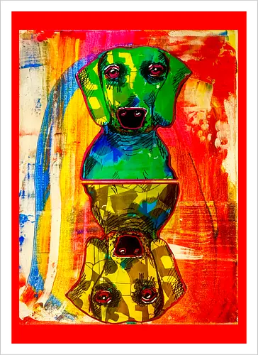 Neon Reflection: Upside Down - Pop Art, Expressionismus, Psychedelisch, Abstrakt, Neon, Spiegelung, Hund, Dackel, Jagdhund, Haustier, Kunstwerk, Gemälde, Farbenfroh, Kontrastreich, Grün, Gelb, Rot, Camouflage, Grafikdesign, Geek Art, Nerdwear, Statementshirt, Unkonventionell, Eyecatcher - Kunstdruck