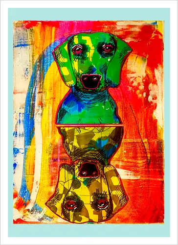 Neon Reflection: Upside Down - Pop Art, Expressionismus, Psychedelisch, Abstrakt, Neon, Spiegelung, Hund, Dackel, Jagdhund, Haustier, Kunstwerk, Gemälde, Farbenfroh, Kontrastreich, Grün, Gelb, Rot, Camouflage, Grafikdesign, Geek Art, Nerdwear, Statementshirt, Unkonventionell, Eyecatcher - Kunstdruck