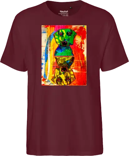 Neon Reflection: Upside Down - Pop Art, Expressionismus, Psychedelisch, Abstrakt, Neon, Spiegelung, Hund, Dackel, Jagdhund, Haustier, Kunstwerk, Gemälde, Farbenfroh, Kontrastreich, Grün, Gelb, Rot, Camouflage, Grafikdesign, Geek Art, Nerdwear, Statementshirt, Unkonventionell, Eyecatcher - Fairtrade T-Shirt