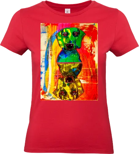 Neon Reflection: Upside Down - Pop Art, Expressionismus, Psychedelisch, Abstrakt, Neon, Spiegelung, Hund, Dackel, Jagdhund, Haustier, Kunstwerk, Gemälde, Farbenfroh, Kontrastreich, Grün, Gelb, Rot, Camouflage, Grafikdesign, Geek Art, Nerdwear, Statementshirt, Unkonventionell, Eyecatcher - Standard T-Shirt (Frauen)