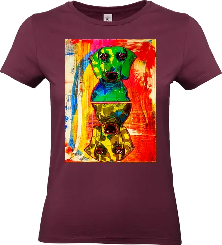 Neon Reflection: Upside Down - Pop Art, Expressionismus, Psychedelisch, Abstrakt, Neon, Spiegelung, Hund, Dackel, Jagdhund, Haustier, Kunstwerk, Gemälde, Farbenfroh, Kontrastreich, Grün, Gelb, Rot, Camouflage, Grafikdesign, Geek Art, Nerdwear, Statementshirt, Unkonventionell, Eyecatcher - Standard T-Shirt (Frauen)