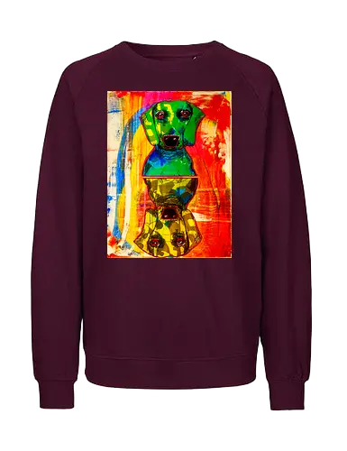 Neon Reflection: Upside Down - Pop Art, Expressionismus, Psychedelisch, Abstrakt, Neon, Spiegelung, Hund, Dackel, Jagdhund, Haustier, Kunstwerk, Gemälde, Farbenfroh, Kontrastreich, Grün, Gelb, Rot, Camouflage, Grafikdesign, Geek Art, Nerdwear, Statementshirt, Unkonventionell, Eyecatcher - Fairtrade Sweatshirt