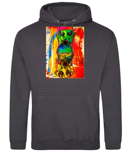 Neon Reflection: Upside Down - Pop Art, Expressionismus, Psychedelisch, Abstrakt, Neon, Spiegelung, Hund, Dackel, Jagdhund, Haustier, Kunstwerk, Gemälde, Farbenfroh, Kontrastreich, Grün, Gelb, Rot, Camouflage, Grafikdesign, Geek Art, Nerdwear, Statementshirt, Unkonventionell, Eyecatcher - Standard Hoodie