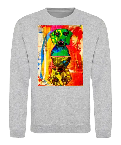 Neon Reflection: Upside Down - Pop Art, Expressionismus, Psychedelisch, Abstrakt, Neon, Spiegelung, Hund, Dackel, Jagdhund, Haustier, Kunstwerk, Gemälde, Farbenfroh, Kontrastreich, Grün, Gelb, Rot, Camouflage, Grafikdesign, Geek Art, Nerdwear, Statementshirt, Unkonventionell, Eyecatcher - Sweatshirt