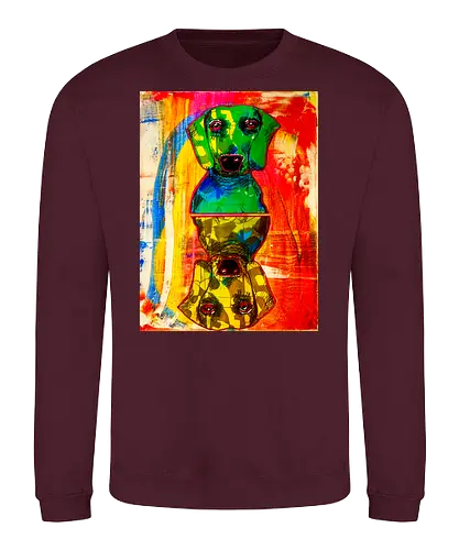 Neon Reflection: Upside Down - Pop Art, Expressionismus, Psychedelisch, Abstrakt, Neon, Spiegelung, Hund, Dackel, Jagdhund, Haustier, Kunstwerk, Gemälde, Farbenfroh, Kontrastreich, Grün, Gelb, Rot, Camouflage, Grafikdesign, Geek Art, Nerdwear, Statementshirt, Unkonventionell, Eyecatcher - Sweatshirt