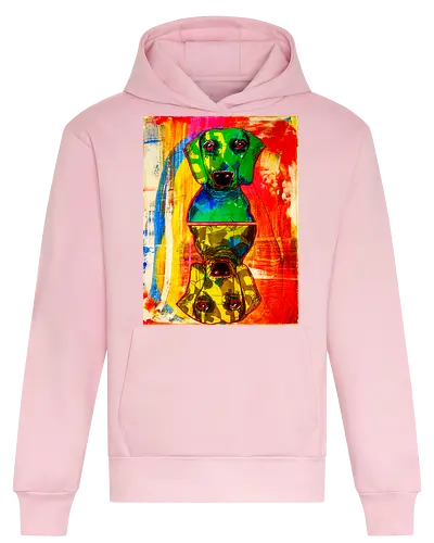 Neon Reflection: Upside Down - Pop Art, Expressionismus, Psychedelisch, Abstrakt, Neon, Spiegelung, Hund, Dackel, Jagdhund, Haustier, Kunstwerk, Gemälde, Farbenfroh, Kontrastreich, Grün, Gelb, Rot, Camouflage, Grafikdesign, Geek Art, Nerdwear, Statementshirt, Unkonventionell, Eyecatcher - Heavyweight Hoodie