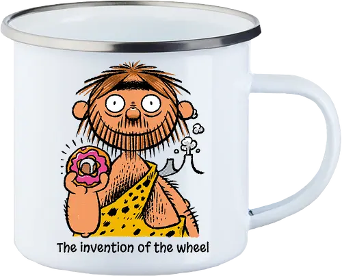 The invention of the wheel - Donut, Sweet, Caveman, Wheel - Emailletasse