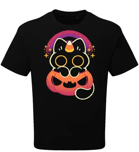 Halloween Caticorn - caticorn, halloween, cute black cat, kawaii black cat, halloween pumpkin, candy corn, rainbow, catcorn, unicorn, creepy cute, spooky cute, purple, dark, magical, xmorfina - Oversize T-Shirt