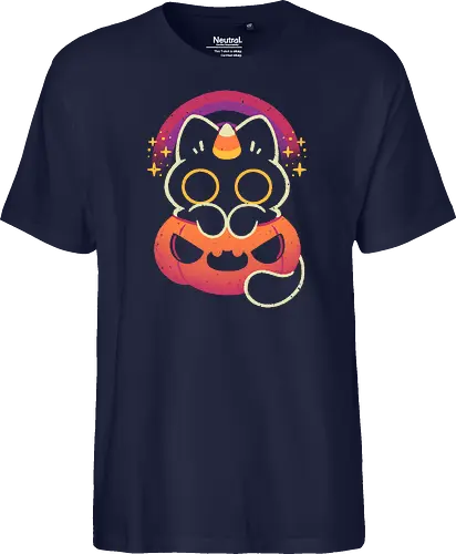 Halloween Caticorn - caticorn, halloween, cute black cat, kawaii black cat, halloween pumpkin, candy corn, rainbow, catcorn, unicorn, creepy cute, spooky cute, purple, dark, magical, xmorfina - Fairtrade T-Shirt