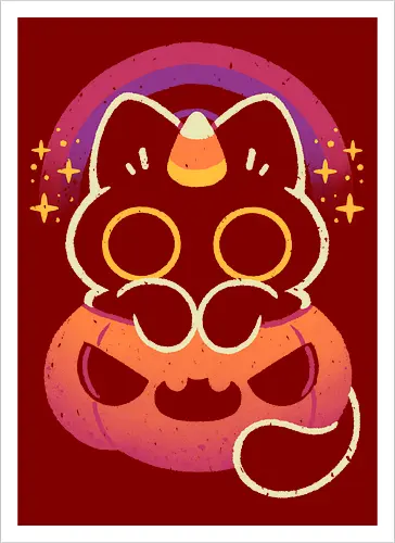 Halloween Caticorn - caticorn, halloween, cute black cat, kawaii black cat, halloween pumpkin, candy corn, rainbow, catcorn, unicorn, creepy cute, spooky cute, purple, dark, magical, xmorfina - Kunstdruck