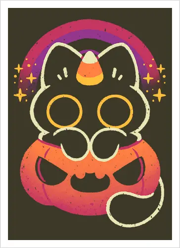 Halloween Caticorn - caticorn, halloween, cute black cat, kawaii black cat, halloween pumpkin, candy corn, rainbow, catcorn, unicorn, creepy cute, spooky cute, purple, dark, magical, xmorfina - Kunstdruck