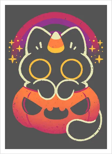 Halloween Caticorn - caticorn, halloween, cute black cat, kawaii black cat, halloween pumpkin, candy corn, rainbow, catcorn, unicorn, creepy cute, spooky cute, purple, dark, magical, xmorfina - Kunstdruck