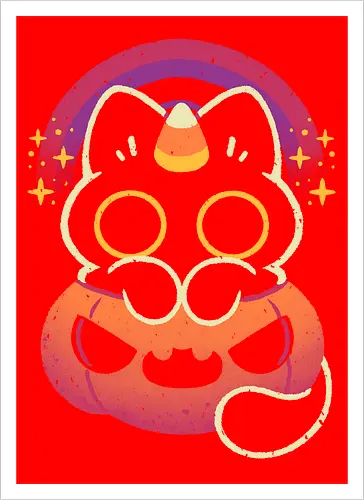 Halloween Caticorn - caticorn, halloween, cute black cat, kawaii black cat, halloween pumpkin, candy corn, rainbow, catcorn, unicorn, creepy cute, spooky cute, purple, dark, magical, xmorfina - Kunstdruck