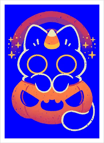 Halloween Caticorn - caticorn, halloween, cute black cat, kawaii black cat, halloween pumpkin, candy corn, rainbow, catcorn, unicorn, creepy cute, spooky cute, purple, dark, magical, xmorfina - Kunstdruck