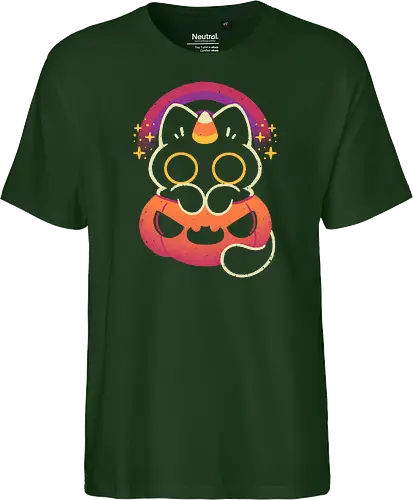 Halloween Caticorn - caticorn, halloween, cute black cat, kawaii black cat, halloween pumpkin, candy corn, rainbow, catcorn, unicorn, creepy cute, spooky cute, purple, dark, magical, xmorfina - Fairtrade T-Shirt