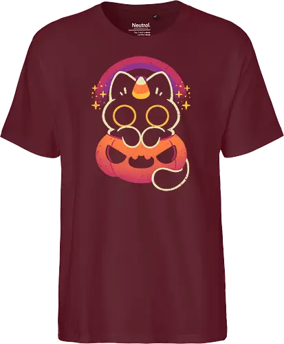 Halloween Caticorn - caticorn, halloween, cute black cat, kawaii black cat, halloween pumpkin, candy corn, rainbow, catcorn, unicorn, creepy cute, spooky cute, purple, dark, magical, xmorfina - Fairtrade T-Shirt