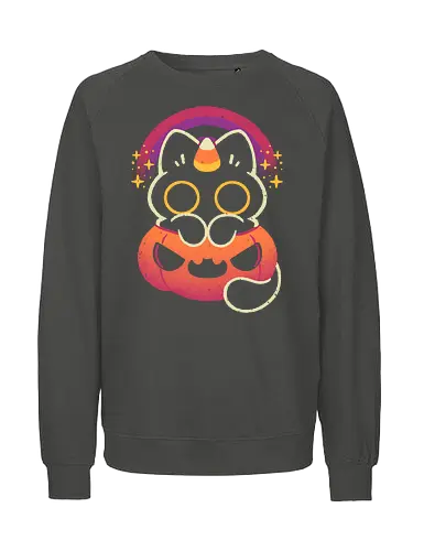 Halloween Caticorn - caticorn, halloween, cute black cat, kawaii black cat, halloween pumpkin, candy corn, rainbow, catcorn, unicorn, creepy cute, spooky cute, purple, dark, magical, xmorfina - Fairtrade Sweatshirt