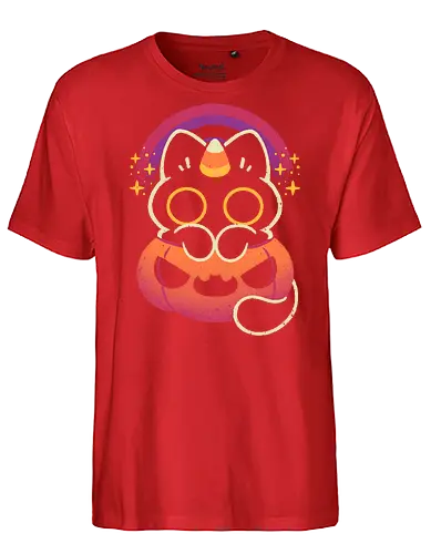 Halloween Caticorn - caticorn, halloween, cute black cat, kawaii black cat, halloween pumpkin, candy corn, rainbow, catcorn, unicorn, creepy cute, spooky cute, purple, dark, magical, xmorfina - Fairtrade T-Shirt