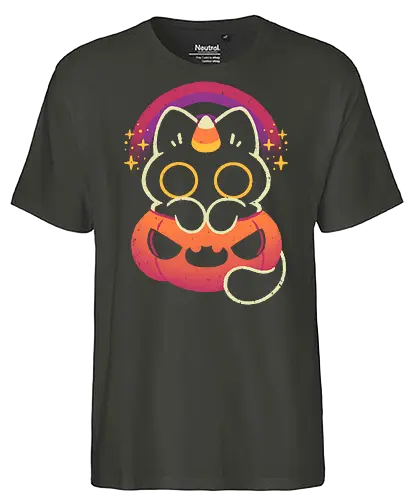 Halloween Caticorn - caticorn, halloween, cute black cat, kawaii black cat, halloween pumpkin, candy corn, rainbow, catcorn, unicorn, creepy cute, spooky cute, purple, dark, magical, xmorfina - Fairtrade T-Shirt