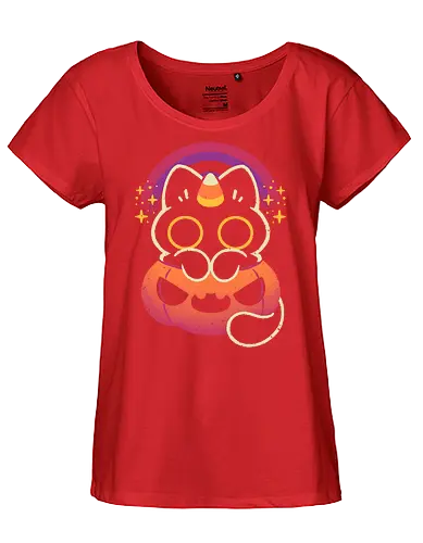 Halloween Caticorn - caticorn, halloween, cute black cat, kawaii black cat, halloween pumpkin, candy corn, rainbow, catcorn, unicorn, creepy cute, spooky cute, purple, dark, magical, xmorfina - Fairtrade Girl Shirt