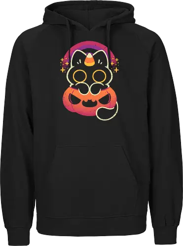 Halloween Caticorn - caticorn, halloween, cute black cat, kawaii black cat, halloween pumpkin, candy corn, rainbow, catcorn, unicorn, creepy cute, spooky cute, purple, dark, magical, xmorfina - Fairtrade Hoodie