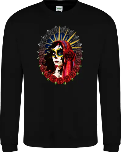 Frauenporträt mit Totenkopf-Make-up und Rosen - La Catrina, Frauenporträt, rote Rosen, Volkstradition, farbenfrohe Kunst, bunter Schleier, kulturelle Symbolik, lebendige Illustration, Blumenrahmen, markierte Augen, folkloristischer Stil, Ahnenfeier, lateinamerikanische Kunst, künstlerisches Porträt, Popkultur - Sweatshirt