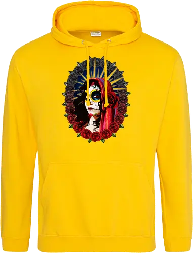 Frauenporträt mit Totenkopf-Make-up und Rosen - La Catrina, Frauenporträt, rote Rosen, Volkstradition, farbenfrohe Kunst, bunter Schleier, kulturelle Symbolik, lebendige Illustration, Blumenrahmen, markierte Augen, folkloristischer Stil, Ahnenfeier, lateinamerikanische Kunst, künstlerisches Porträt, Popkultur - Standard Hoodie