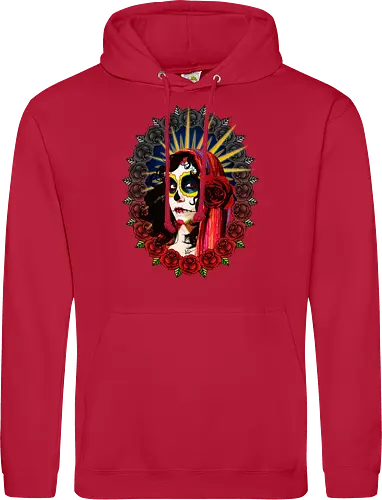Frauenporträt mit Totenkopf-Make-up und Rosen - La Catrina, Frauenporträt, rote Rosen, Volkstradition, farbenfrohe Kunst, bunter Schleier, kulturelle Symbolik, lebendige Illustration, Blumenrahmen, markierte Augen, folkloristischer Stil, Ahnenfeier, lateinamerikanische Kunst, künstlerisches Porträt, Popkultur - Standard Hoodie