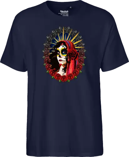 Frauenporträt mit Totenkopf-Make-up und Rosen - La Catrina, Frauenporträt, rote Rosen, Volkstradition, farbenfrohe Kunst, bunter Schleier, kulturelle Symbolik, lebendige Illustration, Blumenrahmen, markierte Augen, folkloristischer Stil, Ahnenfeier, lateinamerikanische Kunst, künstlerisches Porträt, Popkultur - Fairtrade T-Shirt
