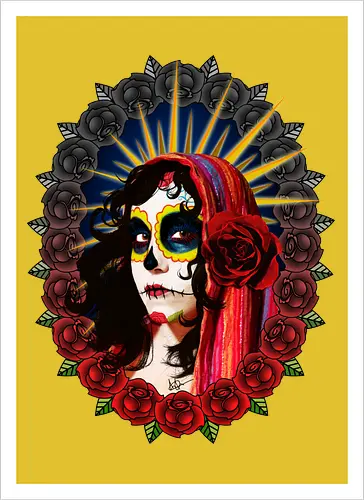 Frauenporträt mit Totenkopf-Make-up und Rosen - La Catrina, Frauenporträt, rote Rosen, Volkstradition, farbenfrohe Kunst, bunter Schleier, kulturelle Symbolik, lebendige Illustration, Blumenrahmen, markierte Augen, folkloristischer Stil, Ahnenfeier, lateinamerikanische Kunst, künstlerisches Porträt, Popkultur - Kunstdruck