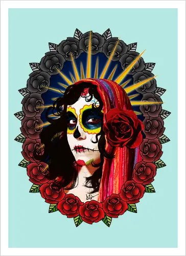 Frauenporträt mit Totenkopf-Make-up und Rosen - La Catrina, Frauenporträt, rote Rosen, Volkstradition, farbenfrohe Kunst, bunter Schleier, kulturelle Symbolik, lebendige Illustration, Blumenrahmen, markierte Augen, folkloristischer Stil, Ahnenfeier, lateinamerikanische Kunst, künstlerisches Porträt, Popkultur - Kunstdruck