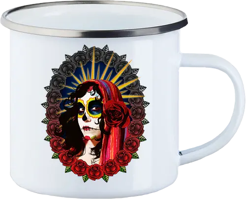 Frauenporträt mit Totenkopf-Make-up und Rosen - La Catrina, Frauenporträt, rote Rosen, Volkstradition, farbenfrohe Kunst, bunter Schleier, kulturelle Symbolik, lebendige Illustration, Blumenrahmen, markierte Augen, folkloristischer Stil, Ahnenfeier, lateinamerikanische Kunst, künstlerisches Porträt, Popkultur - Emailletasse