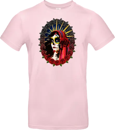 Frauenporträt mit Totenkopf-Make-up und Rosen - La Catrina, Frauenporträt, rote Rosen, Volkstradition, farbenfrohe Kunst, bunter Schleier, kulturelle Symbolik, lebendige Illustration, Blumenrahmen, markierte Augen, folkloristischer Stil, Ahnenfeier, lateinamerikanische Kunst, künstlerisches Porträt, Popkultur - Standard T-Shirt