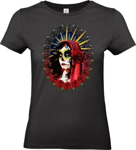 Frauenporträt mit Totenkopf-Make-up und Rosen - La Catrina, Frauenporträt, rote Rosen, Volkstradition, farbenfrohe Kunst, bunter Schleier, kulturelle Symbolik, lebendige Illustration, Blumenrahmen, markierte Augen, folkloristischer Stil, Ahnenfeier, lateinamerikanische Kunst, künstlerisches Porträt, Popkultur - Standard T-Shirt (Frauen)