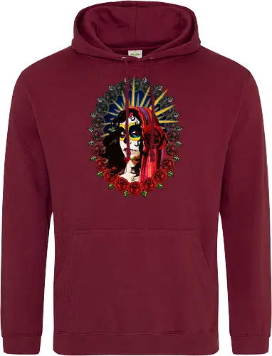 Frauenporträt mit Totenkopf-Make-up und Rosen - La Catrina, Frauenporträt, rote Rosen, Volkstradition, farbenfrohe Kunst, bunter Schleier, kulturelle Symbolik, lebendige Illustration, Blumenrahmen, markierte Augen, folkloristischer Stil, Ahnenfeier, lateinamerikanische Kunst, künstlerisches Porträt, Popkultur - Standard Hoodie