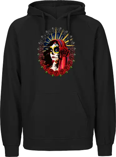 Frauenporträt mit Totenkopf-Make-up und Rosen - La Catrina, Frauenporträt, rote Rosen, Volkstradition, farbenfrohe Kunst, bunter Schleier, kulturelle Symbolik, lebendige Illustration, Blumenrahmen, markierte Augen, folkloristischer Stil, Ahnenfeier, lateinamerikanische Kunst, künstlerisches Porträt, Popkultur - Fairtrade Hoodie