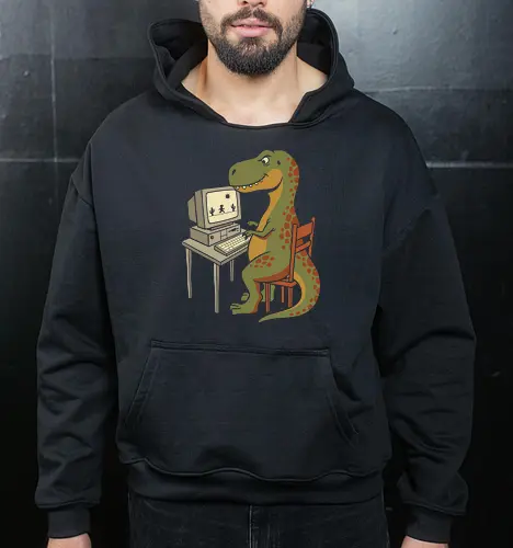 No Connection: The Offline Gamer - funny dinosaur shirt, no internet graphic tee, offline game apparel, retro computer streetwear, tech humor clothing, 90s gamer merch, relatable internet design, cute t-rex shirt, vintage PC aesthetic, web developer fashion - Cropped Hoodie