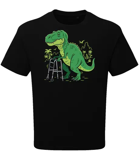 Prehistoric Problems: The Senior T-Rex - funny dinosaur shirt, old t-rex graphic tee, senior citizen apparel, sarcastic animal streetwear, funny birthday gift clothing, prehistoric humor design, tired dinosaur merch, quirky aesthetic fashion, over the hill shirt, humorous walker graphic - Oversize T-Shirt