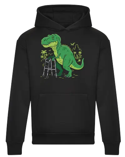 Prehistoric Problems: The Senior T-Rex - funny dinosaur shirt, old t-rex graphic tee, senior citizen apparel, sarcastic animal streetwear, funny birthday gift clothing, prehistoric humor design, tired dinosaur merch, quirky aesthetic fashion, over the hill shirt, humorous walker graphic - Heavyweight Hoodie