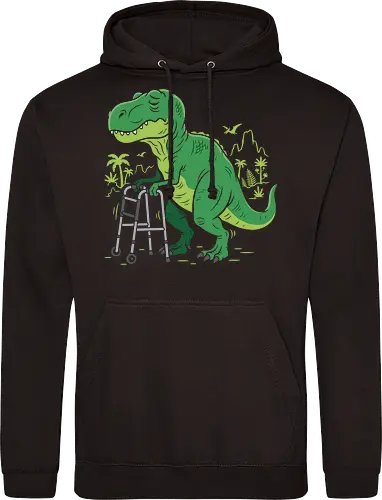 Prehistoric Problems: The Senior T-Rex - funny dinosaur shirt, old t-rex graphic tee, senior citizen apparel, sarcastic animal streetwear, funny birthday gift clothing, prehistoric humor design, tired dinosaur merch, quirky aesthetic fashion, over the hill shirt, humorous walker graphic - Standard Hoodie