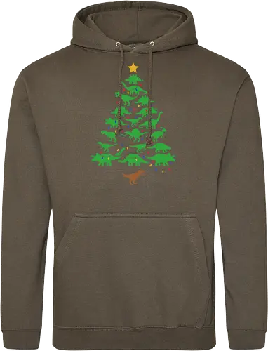 Jurassic Holiday: The Dinosaur Tree - dinosaur christmas tree shirt, funny holiday graphic tee, jurassic xmas apparel, cute dinosaur silhouette clothing, minimalist holiday streetwear, festive t-rex design, clever christmas merch, unique ugly sweater alternative, aesthetic holiday fashion, string lights dino tee - Standard Hoodie