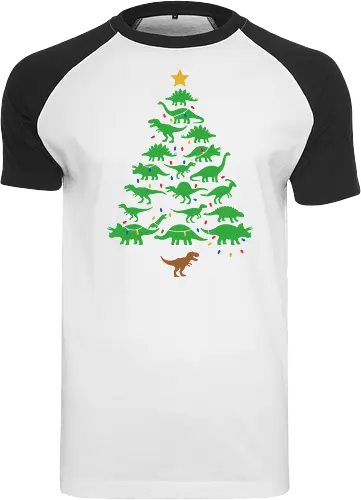 Jurassic Holiday: The Dinosaur Tree - dinosaur christmas tree shirt, funny holiday graphic tee, jurassic xmas apparel, cute dinosaur silhouette clothing, minimalist holiday streetwear, festive t-rex design, clever christmas merch, unique ugly sweater alternative, aesthetic holiday fashion, string lights dino tee - Raglan T-Shirt