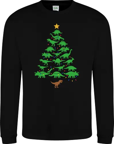 Jurassic Holiday: The Dinosaur Tree - dinosaur christmas tree shirt, funny holiday graphic tee, jurassic xmas apparel, cute dinosaur silhouette clothing, minimalist holiday streetwear, festive t-rex design, clever christmas merch, unique ugly sweater alternative, aesthetic holiday fashion, string lights dino tee - Sweatshirt