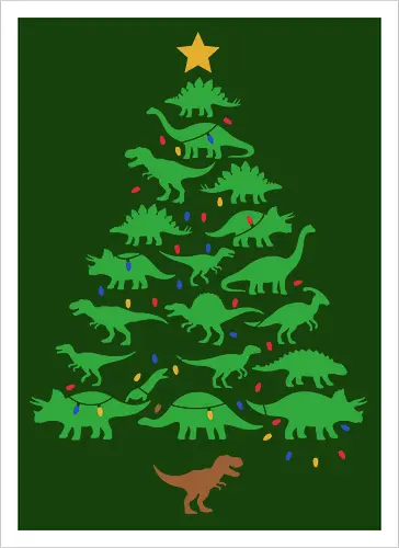 Jurassic Holiday: The Dinosaur Tree - dinosaur christmas tree shirt, funny holiday graphic tee, jurassic xmas apparel, cute dinosaur silhouette clothing, minimalist holiday streetwear, festive t-rex design, clever christmas merch, unique ugly sweater alternative, aesthetic holiday fashion, string lights dino tee - Kunstdruck