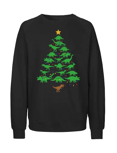 Jurassic Holiday: The Dinosaur Tree - dinosaur christmas tree shirt, funny holiday graphic tee, jurassic xmas apparel, cute dinosaur silhouette clothing, minimalist holiday streetwear, festive t-rex design, clever christmas merch, unique ugly sweater alternative, aesthetic holiday fashion, string lights dino tee - Fairtrade Sweatshirt