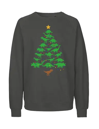 Jurassic Holiday: The Dinosaur Tree - dinosaur christmas tree shirt, funny holiday graphic tee, jurassic xmas apparel, cute dinosaur silhouette clothing, minimalist holiday streetwear, festive t-rex design, clever christmas merch, unique ugly sweater alternative, aesthetic holiday fashion, string lights dino tee - Fairtrade Sweatshirt
