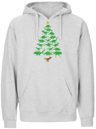 Jurassic Holiday: The Dinosaur Tree - dinosaur christmas tree shirt, funny holiday graphic tee, jurassic xmas apparel, cute dinosaur silhouette clothing, minimalist holiday streetwear, festive t-rex design, clever christmas merch, unique ugly sweater alternative, aesthetic holiday fashion, string lights dino tee - Fairtrade Hoodie