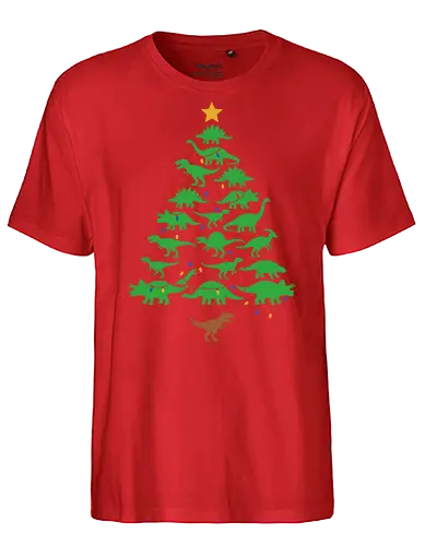 Jurassic Holiday: The Dinosaur Tree - dinosaur christmas tree shirt, funny holiday graphic tee, jurassic xmas apparel, cute dinosaur silhouette clothing, minimalist holiday streetwear, festive t-rex design, clever christmas merch, unique ugly sweater alternative, aesthetic holiday fashion, string lights dino tee - Fairtrade T-Shirt