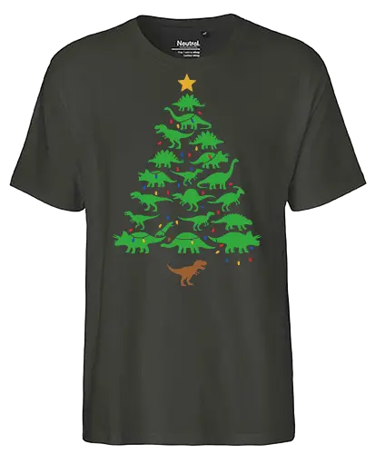 Jurassic Holiday: The Dinosaur Tree - dinosaur christmas tree shirt, funny holiday graphic tee, jurassic xmas apparel, cute dinosaur silhouette clothing, minimalist holiday streetwear, festive t-rex design, clever christmas merch, unique ugly sweater alternative, aesthetic holiday fashion, string lights dino tee - Fairtrade T-Shirt