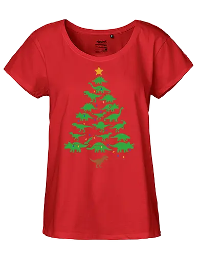 Jurassic Holiday: The Dinosaur Tree - dinosaur christmas tree shirt, funny holiday graphic tee, jurassic xmas apparel, cute dinosaur silhouette clothing, minimalist holiday streetwear, festive t-rex design, clever christmas merch, unique ugly sweater alternative, aesthetic holiday fashion, string lights dino tee - Fairtrade Girl Shirt